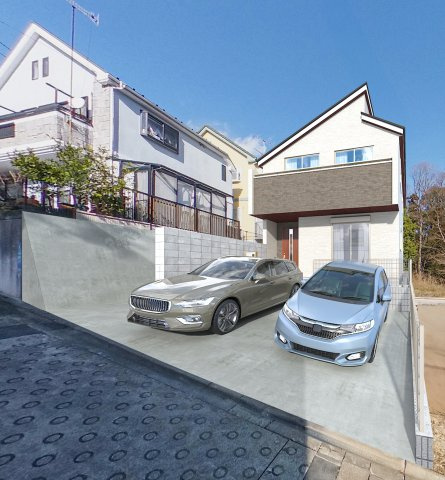 ＜全２棟＞長期優良住宅／瀬谷区東野台の外観パース|外観完成予想CGパース（昼景）
南西道路に面し、日当たり良好です