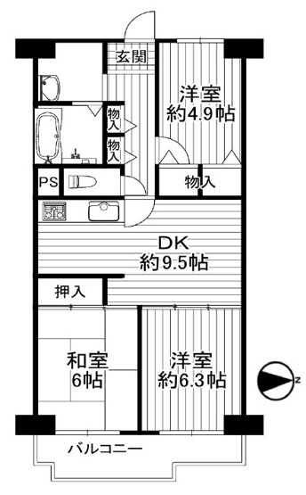 【間取り】 | 小阪パークハイツ弐号棟 | 【3DK】室内、新規リフォーム済み☆5年以内にキッチン・浴室・床等のリフォーム履歴あります☆