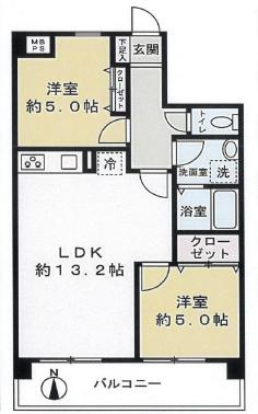 【間取り】 | セザール小平 | リビングが約13.2帖の2LDKの間取りです。南向きの明るいリビングになります。