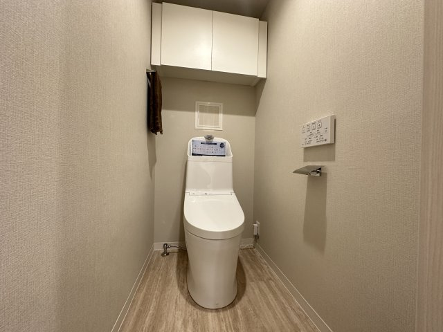 ハイマート横浜のトイレ|高級感のあるトイレスペースです。上部に収納もあり、すっきりと使えそうです。