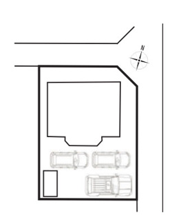 【区画図】 | 甲斐市中下条 建物全面改装 平成2年築 中古戸建 北東角地 | 北東角地　外構もリノベーション（芝生張りの庭・ウッドフェンス・木製物置新設）