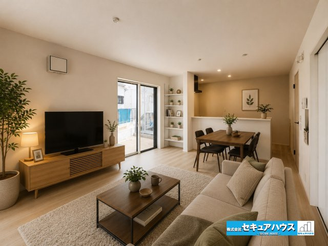 【本日ご案内可能】日進市藤塚1丁目　全1棟の居間・リビング|【リビングに家具を配置したイメージ図】
◆見せる可動棚付きで家族の写真や小物を置くことができ、シンプルなデザインのリビングのため好きなテイストのリビングをつくることができます。　　　　　　　　　　　　