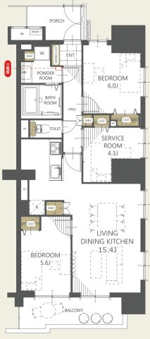 【間取り】 | リッツタワー八王子 | 2SLDKは、サービスルーム、二つの居室、リビングダイニングキッチンを備え、収納と趣味の空間を確保できます。リビングで家族団らんを楽しめるため、ファミリーにとって非常に魅力的な間取りと言えるでしょう。