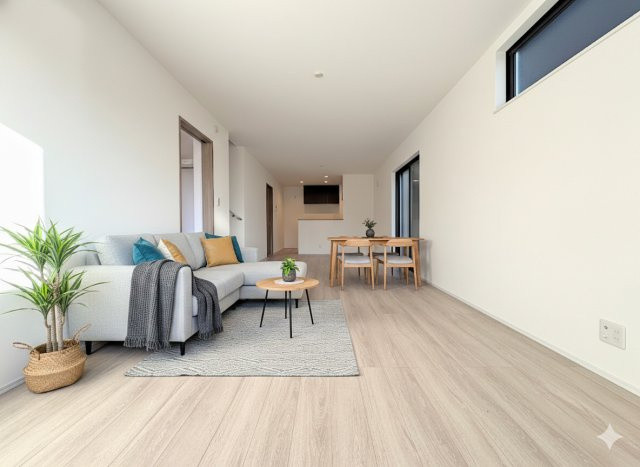 港南区上永谷3丁目　新築戸建ての居間・リビング|
◆家族で食卓を囲むダイニングスペースと、ソファでゆったりくつろぐリビングスペースがしっかり区切られているので家具の配置や用途を使いわけしやすいです。
