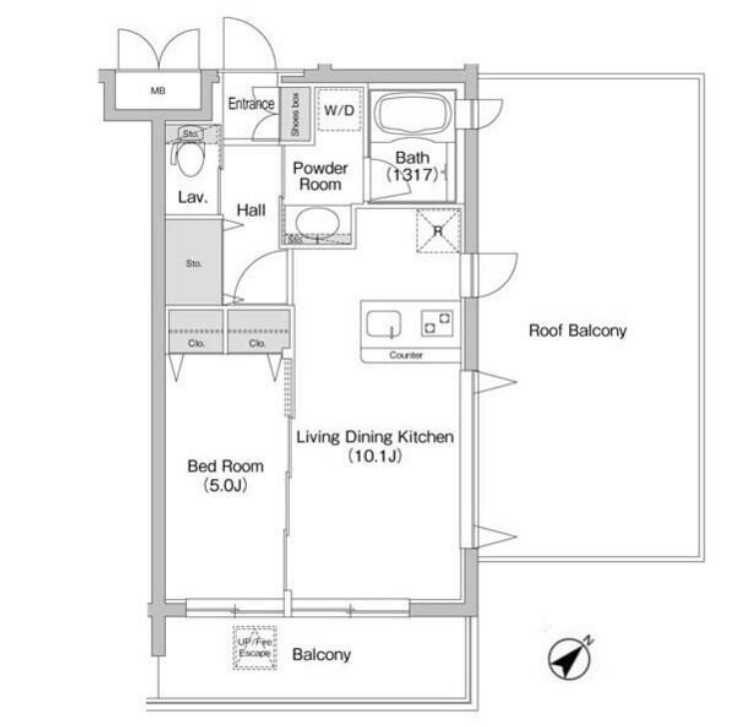 コンフォリア用賀　礼金0　ペット相談　ルーフバルコニーの間取り