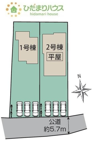 【区画図】 | 結城市結城　新築戸建　２号棟 | ゆったりとしたカースペースで、ファミリーカーや軽自動車もラクラク駐車出来ます！
（2号棟）