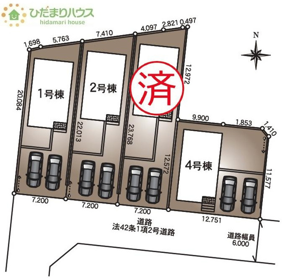 【区画図】 | 結城市結城第43　新築戸建　1号棟 | 前面道路幅6ｍ☆車の出入りもラクラクできちゃいます(^^♪
（1号棟）