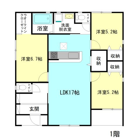 【間取り】 | リーブルガーデン.S高崎市箕郷町生原第7ー④ | 人気の「平屋」住宅登場です！
水回りを最短距離で結んだラクラク家事同線！