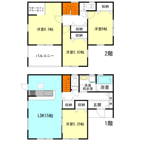【間取り】 | リーブルガーデン.S高崎市箕郷町生原第7ー① | 全居室洋室仕様＋南向き！
1、2階にはホール収納付き！
主寝室にはウォークインクローゼット完備！