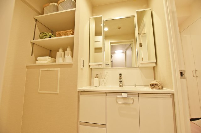 ニュー大阪ハイツの洗面所|洗面台横には可動棚あり。収納するものの大きさに合わせて棚の高さを調整できるので便利ですね。