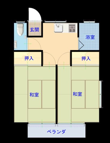 【間取り】 | ハイツ相武 | 使い勝手の良い2DKで、南２部屋の角部屋です