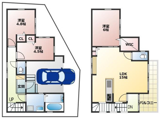 【間取り】 | 明石市大久保町西島　新築戸建 | 2780万円、3LDK+S（納戸）、土地面積77.49平米、建物面積93.57平米 ◆2階LDKの為、開放感があり明るく過ごせます♪