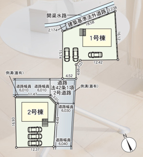 【区画図】 | 甲斐市篠原 新築全2棟 2号棟 日当り良好 車並列3台 | 2号棟区画図　車3台並列駐車可能　北東角地