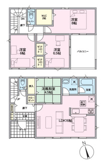 【間取り】 | 甲府市羽黒町　新築戸建 全2棟 2号棟 車3台並列駐車可能 | 全室南向き　98.58ｍ2　　インナーバルコニー