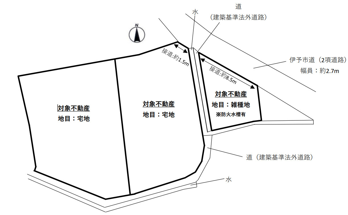 伊予市米湊土地の土地図|合計面積：402.07㎡（121.62坪）、宅地部分：354.07㎡（107.1坪）