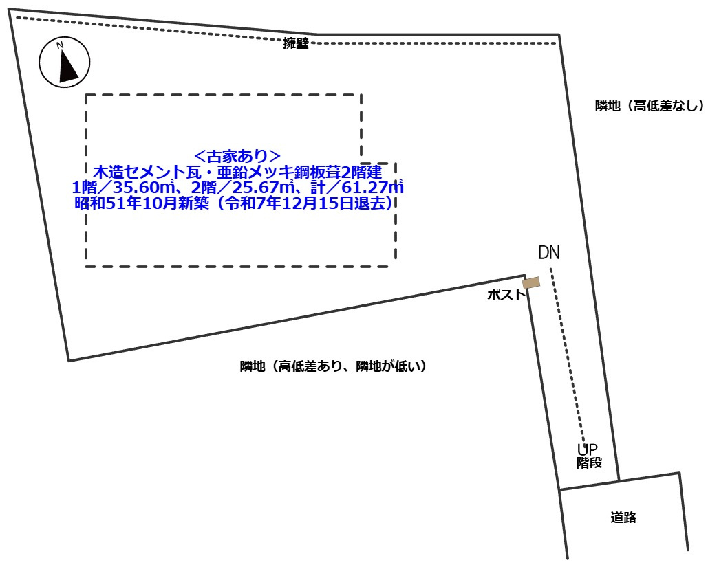 高台の眺望を365日楽しめる土地の土地図|階段部分を含む36坪超えの土地です