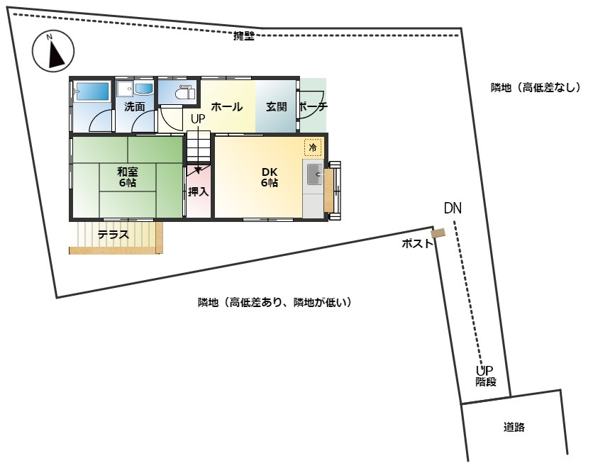 高台の眺望を365日楽しめる土地の参考プラン|現存する家屋の1階間取図