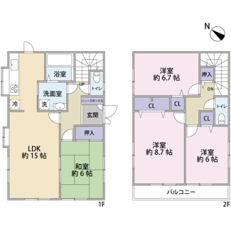 【間取り】 | 大字増林戸建て | 南西向きの明るい４LDKのお家です。
全居室6帖以上あり、ゆったりとした室内空間となっております。