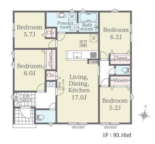 所沢市下富・全1棟　新築一戸建　～平屋建て・大型4LDK～の区画図|土地200平米超！東南角地につき陽当たり・通風良好♪