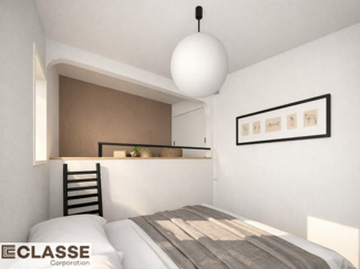 【寝室】 | 宇治市木幡北山畑　新築戸建 | アールの垂れ壁に包まれたロフト空間。
プロジェクタークロスで映像を楽しめ、収納も備えて趣味やくつろぎの時間を気軽に満喫できます。