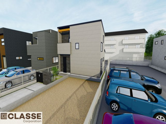 【外観パース】 | 宇治市木幡北山畑　新築戸建 | 外観には石目調のソリドをアクセントに取り入れ、落ち着きのある中にも洗練されたモダンな表情を演出しています。