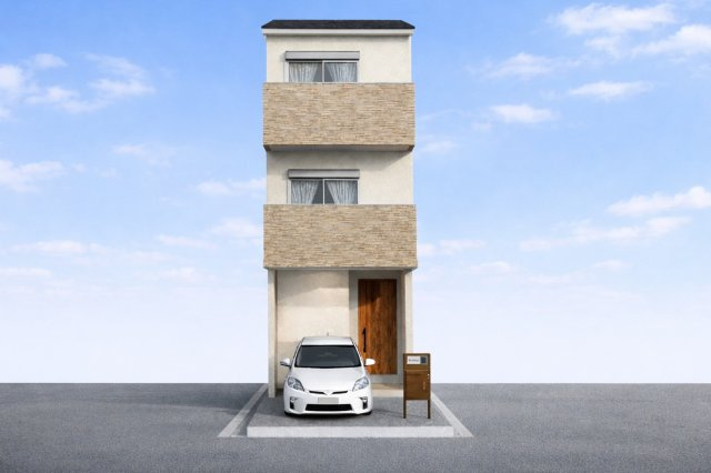 桂上野西町　新築参考プランの外観パース|【外観イメージパース】
建物の雰囲気をイメージしやすい外観パース図です。自由設計の為、外観デザインなどお客様のお好みに変更が可能です！（新築参考プラン86.93㎡、建物価格1598万円）