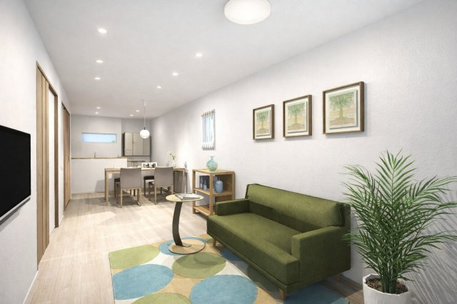 桂上野西町　新築参考プランの完成予想図|【リビングイメージパース】
奥行きあるリビングは、ソファーを置いて家族団らんや、お気に入りのダイニングテーブルで楽しくお食事が楽しめます！（新築参考プラン86.93㎡、建物価格1598万円）