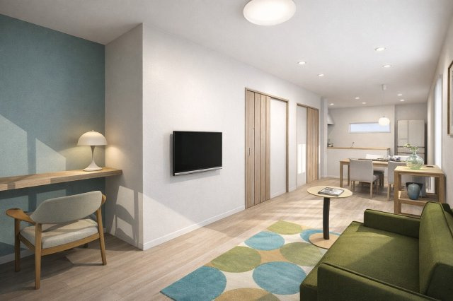 桂上野西町　新築参考プランの完成予想図|【リビングイメージパース】
アクセントクロスに変更可能です。変化のあるクロス（壁紙）で奥行きと立体感が感じられます♪（新築参考プラン86.93㎡、建物価格1598万円）