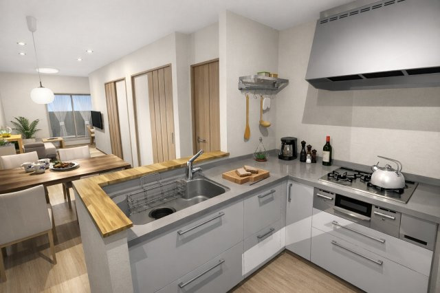 桂上野西町　新築参考プランの完成予想図|【キッチンイメージパース】
作業スペースが三角形になったL字型キッチン。お料理中の作業同線が確保しやすく、効率的に動けて家事の時短に！（新築参考プラン86.93㎡、建物価格1598万円）