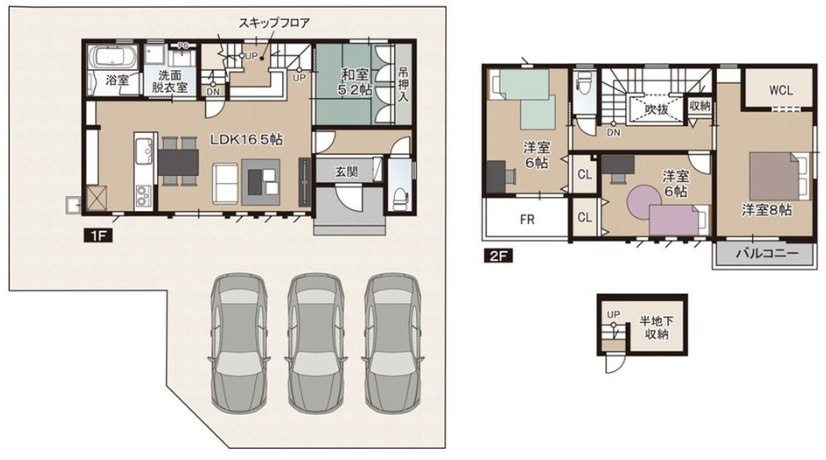 香南市野市町西野　新築戸建　4号棟　（全4区画）の間取り|4ＬＤＫ+ＷＣＬ　床面積　1階　55.06㎡（16.66坪）：2階　51.75㎡（15.65坪）