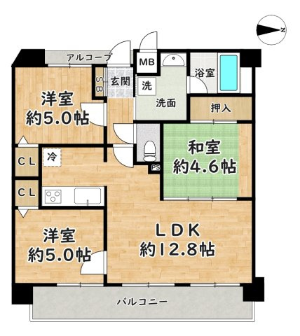 【間取り】 | エーベル尼崎次屋 | 3LDK・価格2990万円。専有面積60.14㎡、バルコニー9.8㎡。家族それぞれの個室を確保しやすく、子育て世代にも嬉しい間取りです。