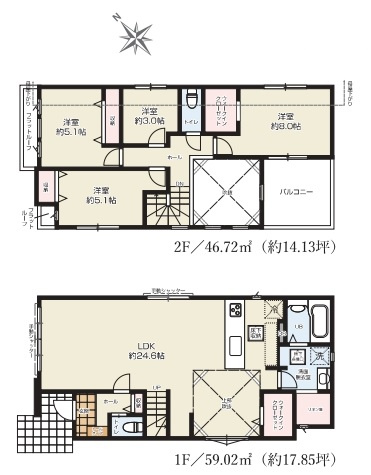 入間市扇台１丁目の新築一戸建の間取り|【１号棟】■広々使えるLDK24.6帖■リビングに明るい吹抜け■便利なリネン庫あり