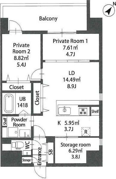 福岡市博多区住吉４丁目の賃貸マンションの間取り