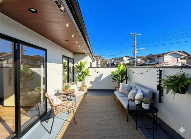 栄区桂台北2丁目　新築戸建てのバルコニー|◆気持ちの良い空が見渡せる広いバルコニー。爽やかな風を感じて、心躍る素敵な暮らしがはじまります。通風・採光にも優れ、心地よい光と風があふれています。(家具はイメージです)