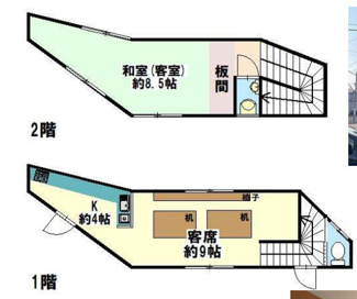 【間取り】 | 尼崎市上坂部２丁目　人目に付く２階建居抜き店舗 | １階はこじんまりとした客席約９帖です♪２階は和室の客室約8.5帖です♪