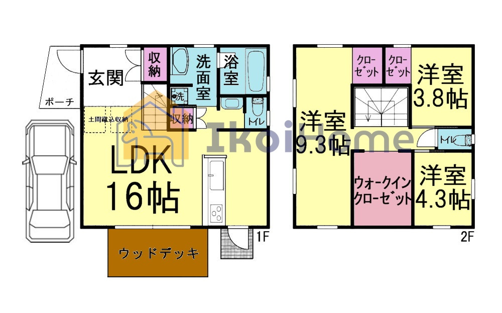 明石市二見町西二見　中古戸建の間取り|LDK19帖からウッドデッキに出入りが可能！2階洋室3部屋に大きなWICもあります！