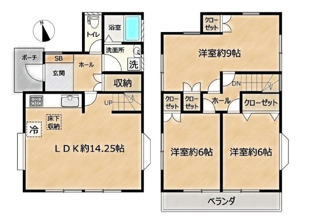 【間取り】 | □■寒川町岡田 中古戸建■□ | 【3LDK】1F：LDK14.25帖　2F：洋室9帖・6帖×2