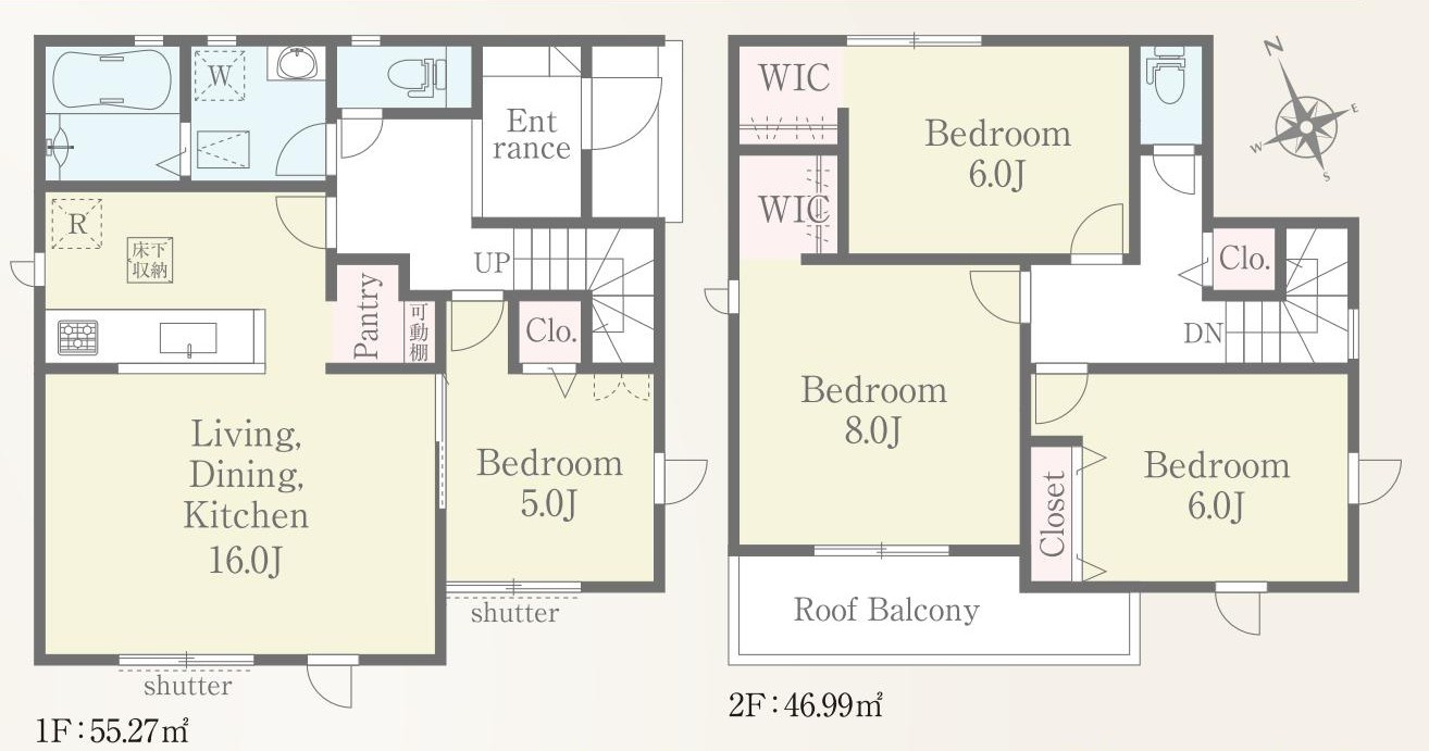 知多郡阿久比町草木東郷24番地『仲介手数料無料』新築戸建ての間取り|　1号棟　1F:LDK16帖に隣接する洋室5帖　CL設置はお子様の遊び場・奥様の家事室に便利♪パントリー♪2F:主寝室8帖・洋室6帖　WIC設置！洋室6帖　CL設置♪ホール収納♪南面バルコニー♪