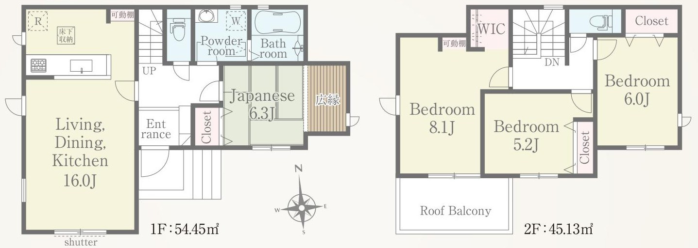 知多郡武豊町梨子ノ木360番38『仲介手数料無料』新築戸建ての間取り|　1号棟　1F:LDK1６帖！キッチン可動棚♪和室6.3帖　広縁・CL設置♪2F:主寝室8.1帖　可動棚・WIC設置！洋室6帖・洋室5.2帖　CL設置♪南面ルーフバルコニー♪