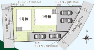 【区画図】 | 南区磯部  2号棟 第56 | 2号棟　東側約3.8ｍ・西側約4ｍ各公道（セットバック済・セットバック部分は持分）　旗竿地（間口約4.8ｍ）　駐車2台（車種によります）　敷地面積44.8坪（路地状部分含む）