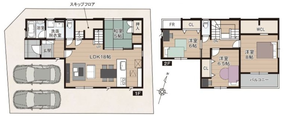 香美市土佐山田町東本町2丁目　新築戸建　1号棟　（全2区画）の間取り|4ＬＤＫ+ＷＣＬ　建物面積　110.12㎡（約33.31坪）　1階　57.13㎡：2階　52.99㎡