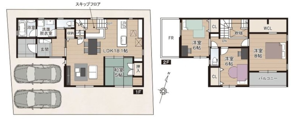 香美市土佐山田町東本町2丁目　新築戸建　2号棟　（全2区画）の間取り|4ＬＤＫ+ＷＣＬ　建物面積　109.30㎡（約33.07坪）　1階　59.62㎡：2階　49.68㎡