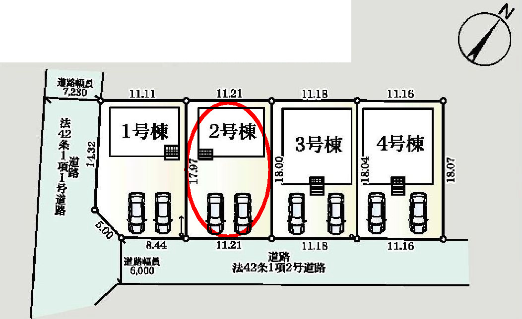 クレイドルガーデン高崎市箕郷町上芝第8　2号棟の区画図|駐車場２台ご用意しています！
並列駐車なので、車の出し入れもしやすいですよ！
