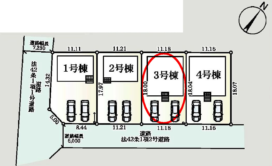 クレイドルガーデン高崎市箕郷町上芝第8　3号棟（平屋）の区画図|駐車場２台ご用意しています！
並列駐車なので、車の出し入れもしやすいですよ！