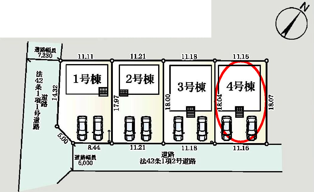 クレイドルガーデン高崎市箕郷町上芝第8　4号棟（平屋）の区画図|駐車場２台ご用意しています！
並列駐車なので、車の出し入れもしやすいですよ！