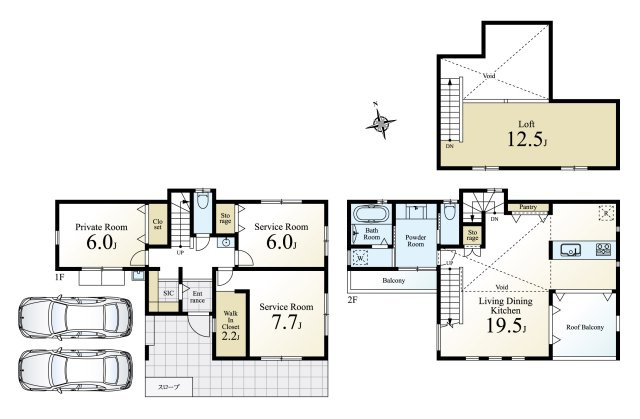 東村山市萩山町1丁目 限定1棟の間取り|3LDK、土地125.33㎡、建物109.06㎡ 、ルーフバルコニー、ロフト、カースペース2台付