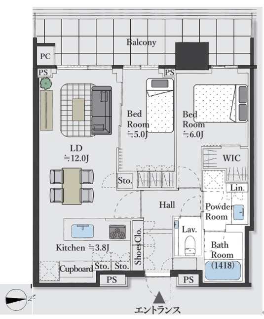 SKY DUO PARK VILLAGE T棟 17階の間取り|61.33㎡/2LDK＋WICのお部屋です