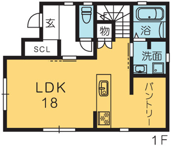 高知市福井扇町(建築条件付き)売土地の参考プラン|18帖LDK＋SCL＋パントリー完備。家事も収納もゆとりの1階