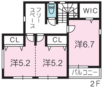 高知市福井扇町(建築条件付き)売土地の参考プラン|洋室3部屋＋WIC＋フリースペース。使い勝手の良い2階