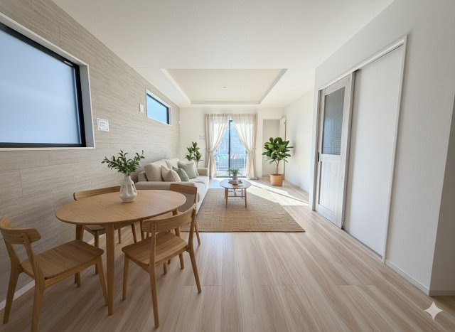 流山市西平井1丁目　新築戸建　全2棟　1号棟の居間・リビング|現況の物件写真にCGによる画像処理を行っています。家具、家電、小物、カーテン等はイメージはCGです。